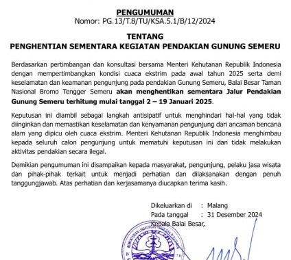pengumumuan penutupan semeru