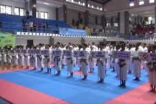 Suasana pembukaan cabor Shorinji Kempo Pekan Olahraga Provinsi (Porprov) Jawa Timur IX di GOR Pertamina UB.