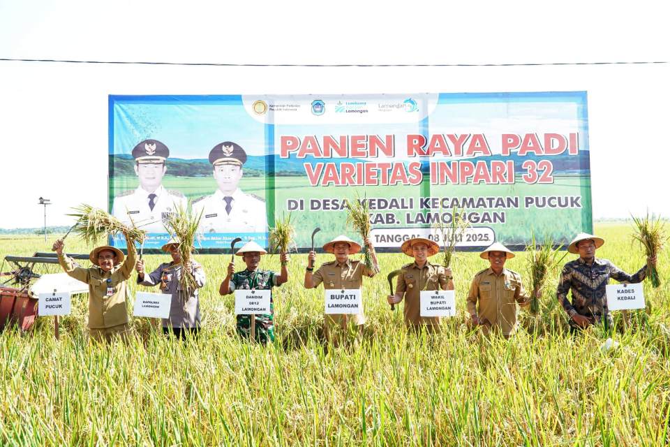 Bupati Lamongan saat panen raya di Desa Kedali, Kecamatan Pucuk, Lamongan, Selasa (8/7/2025). Foto: Sapari/tagarjatim.id