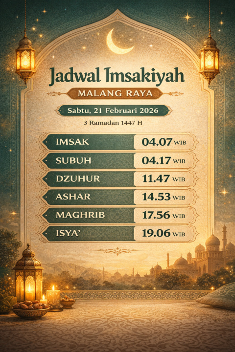 Jadwal Imsakiyah Wilayah Malang Raya, Sabtu 21 Februari 2026