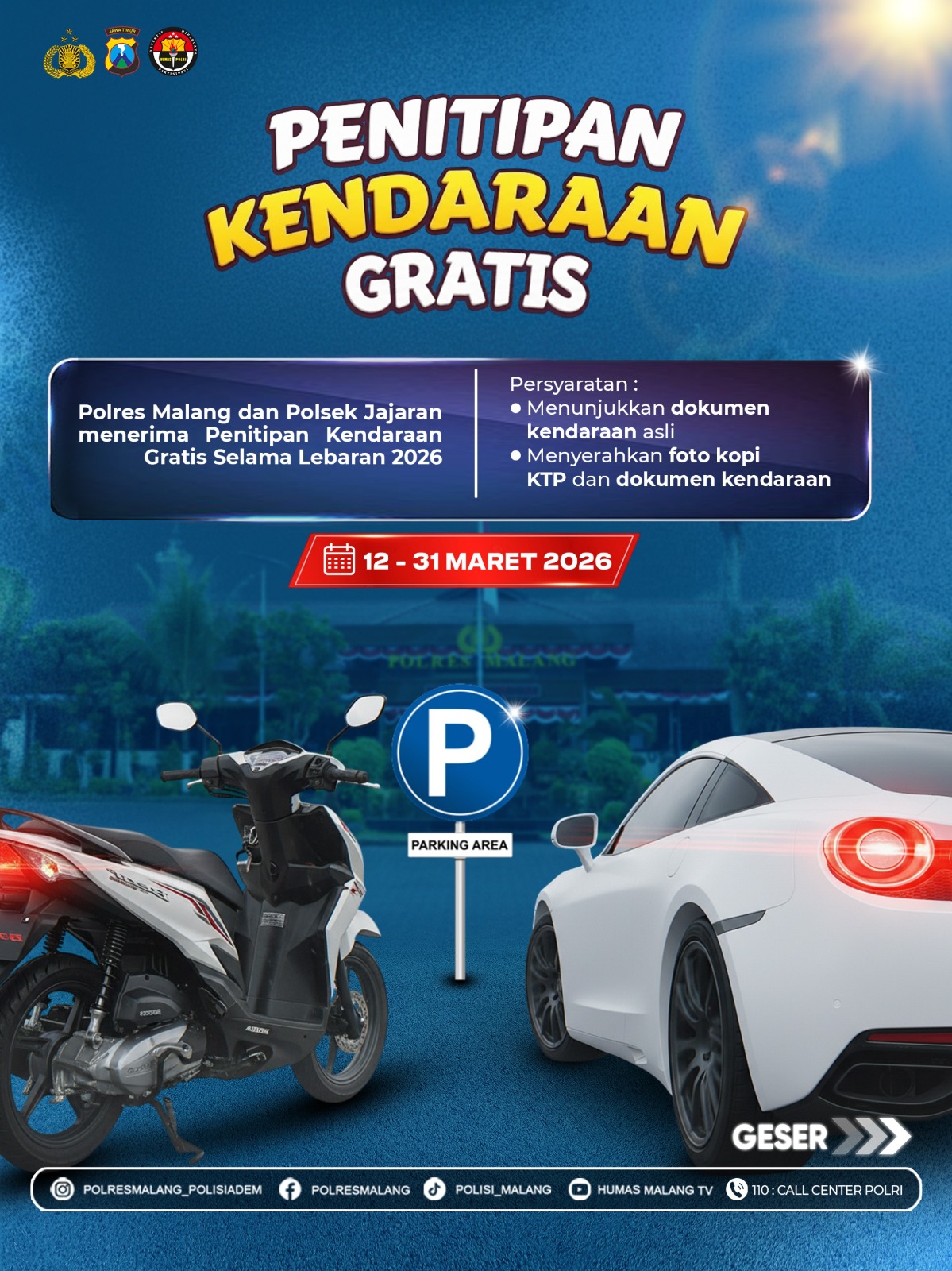 Polres Malang Sediakan Layanan Penitipan Kendaraan Gratis Selama Mudik Lebaran 2026