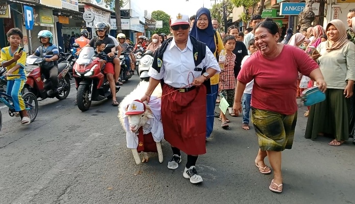 Unik, Ratusan Kambing dan Domba Kurban Berseragam SD Diarak Keliling Kota Sebelum Disembelih